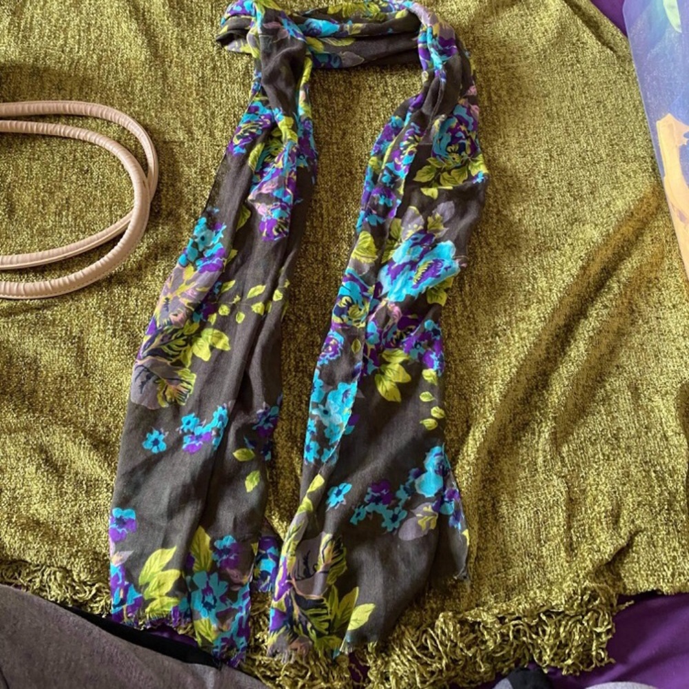 Purple, green, blue, and dark grey floral scarf